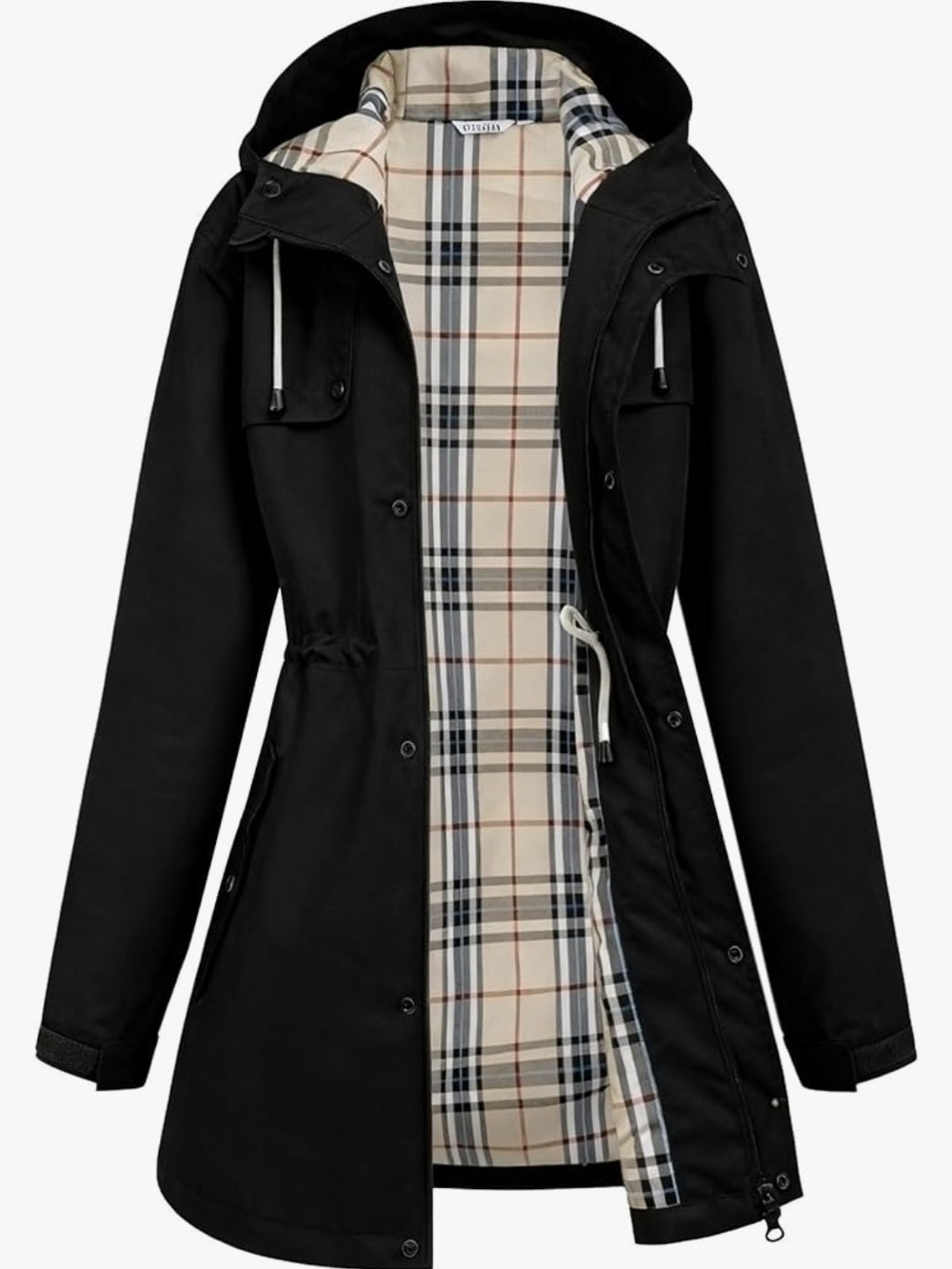 Hooded Black Rain Coat with Plaid Lining